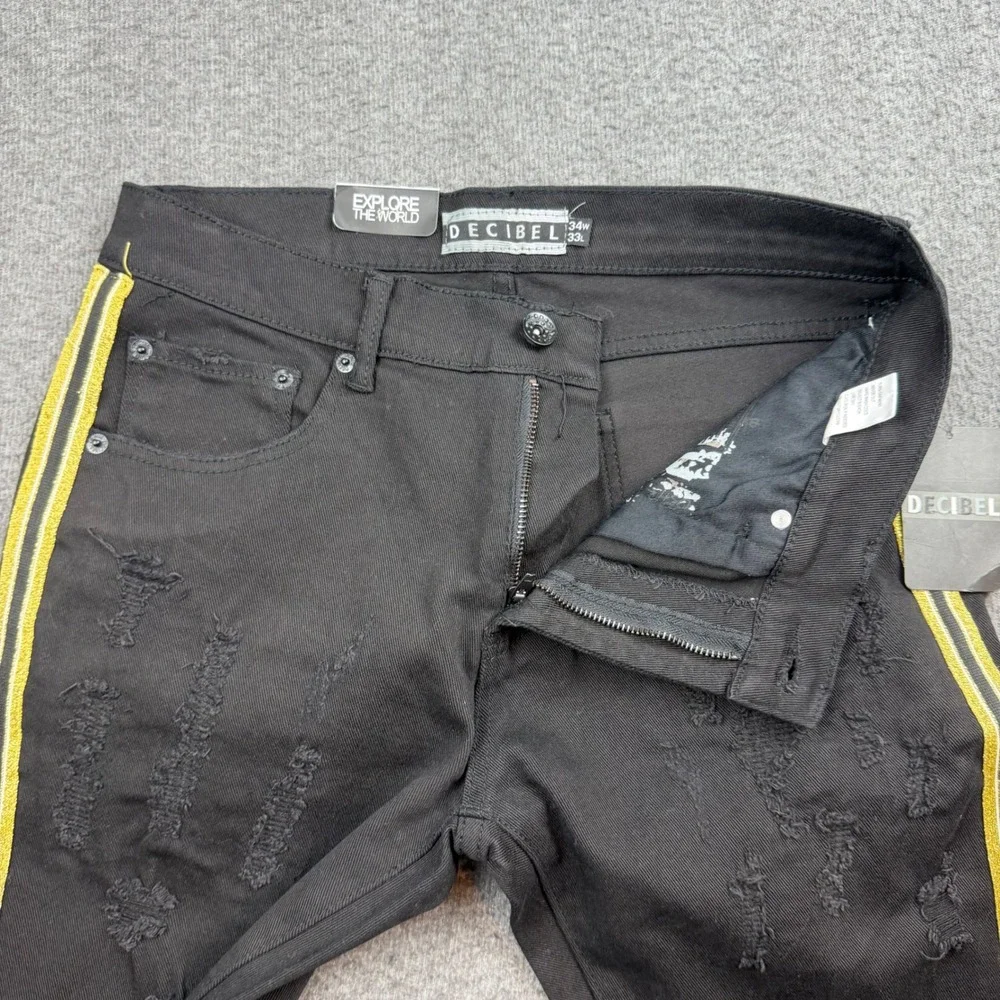Decibel Distressed Jeans Men's 34 Black Gold Side Stripe Ripped Streetwear Denim
